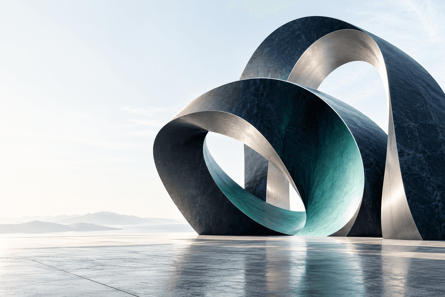 Sculptural interlocking arches in navy and teal